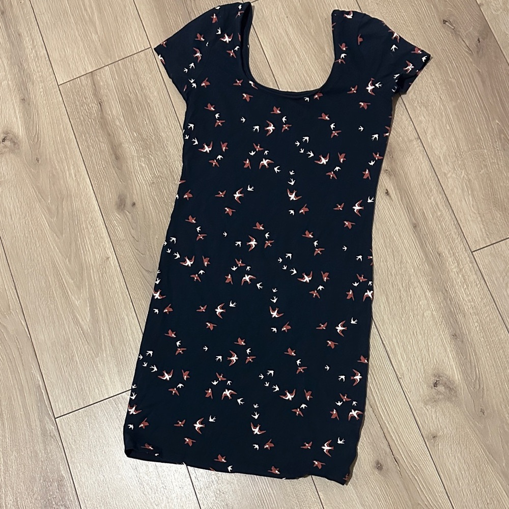 Tag Black Mini Dress with Bird Pattern
